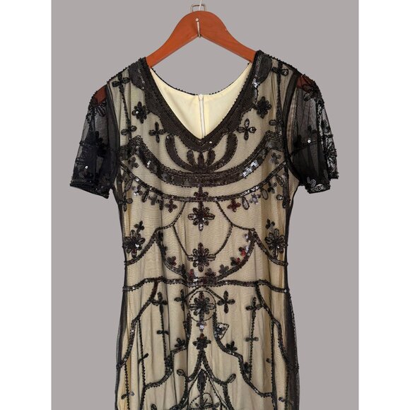 Vintage-Inspired Black Sequin Embellished Maxi Gown With Sheer Tulle Overlay & S - Picture 3 of 8